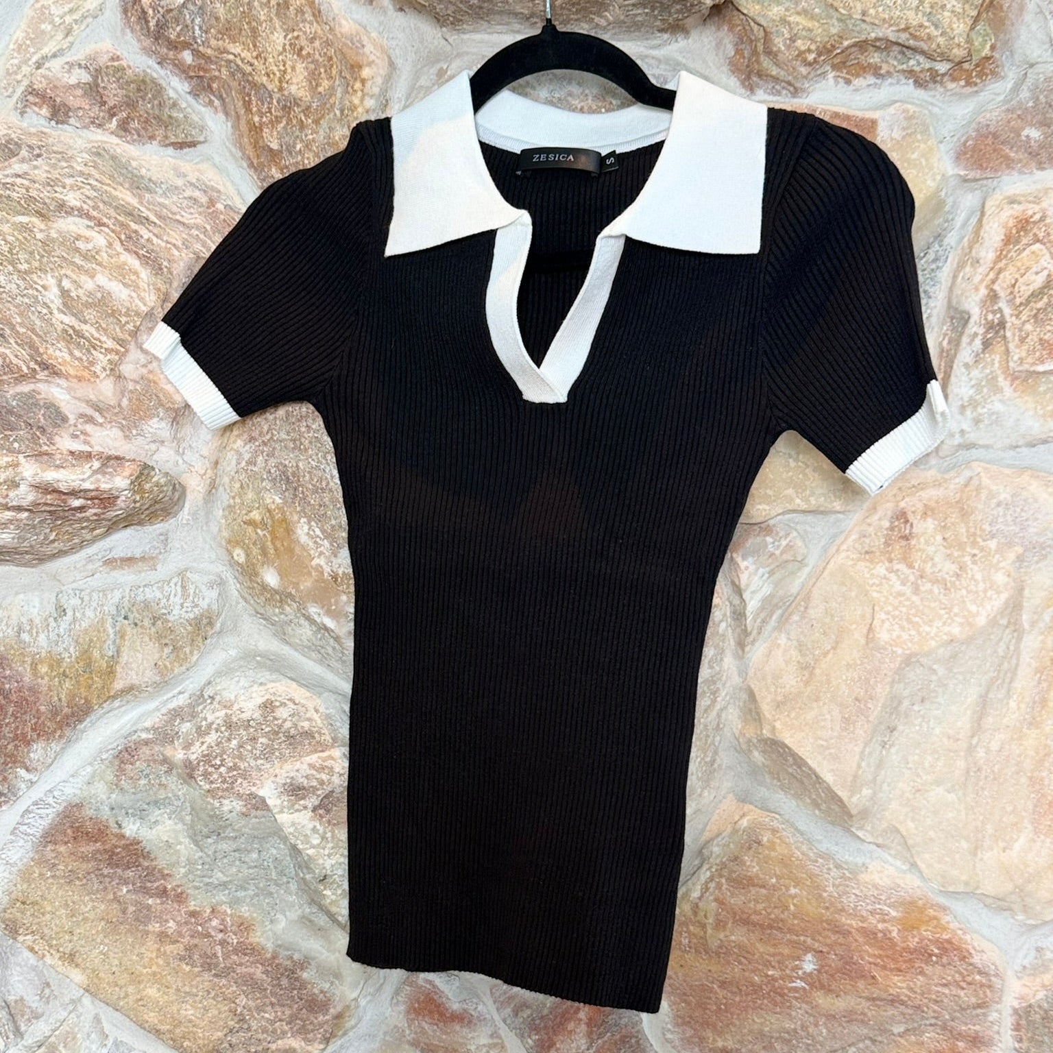 Zesica Ribbed Collared Knit Polo Top Size Small