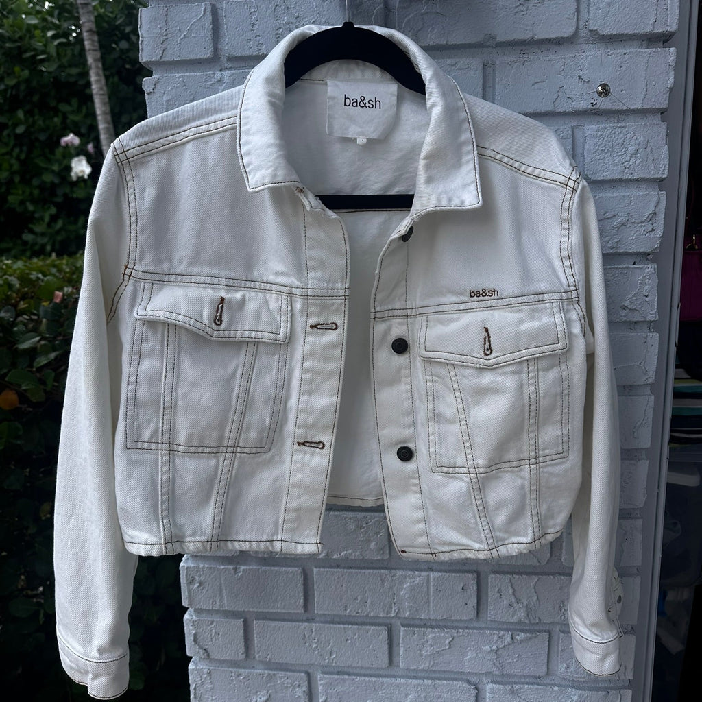 ba&sh Off-White Cropped Denim Jacket Size Small
