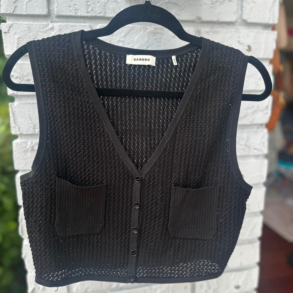 Sandro Black Pointelle Knit Vest Size Small