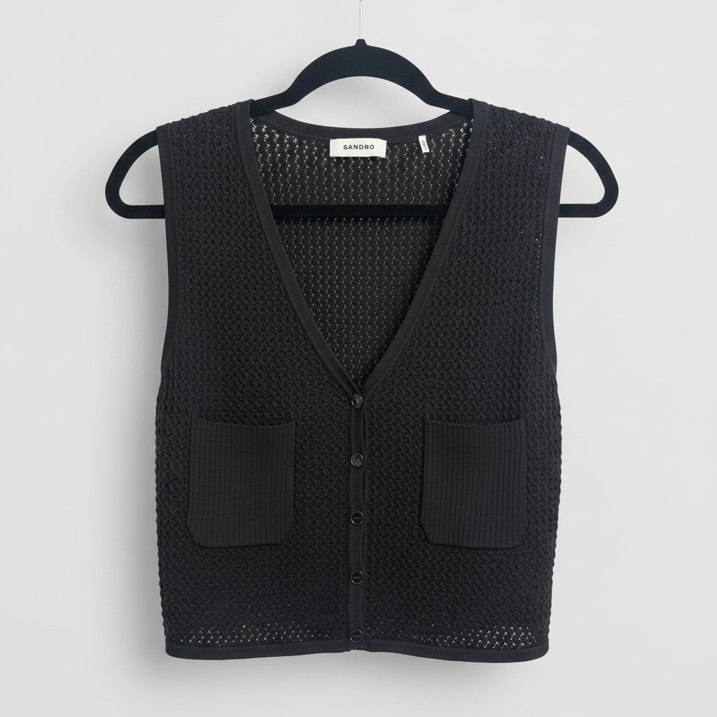 Sandro Black Pointelle Knit Vest Size Small