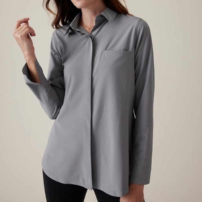Athleta Urbanite Lightweight Long Sleeve Button Down Shirt- Size Large Beige & Grey