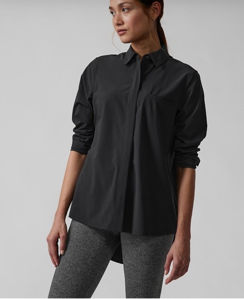 Athleta Urbanite Lightweight Long Sleeve Button Down Shirt- Black Size XL