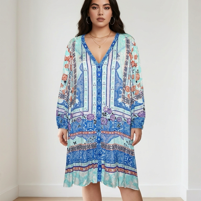 Hale Bob Printed V-Neck Tunic Dress Size Large