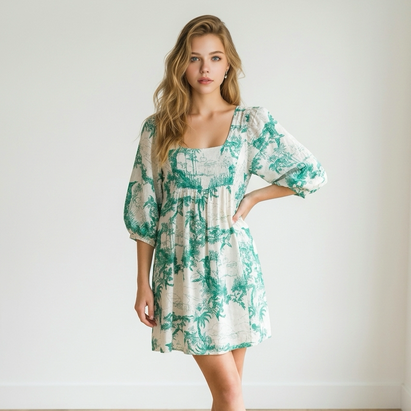Joie Green toile Print Linen Dress Size Medium