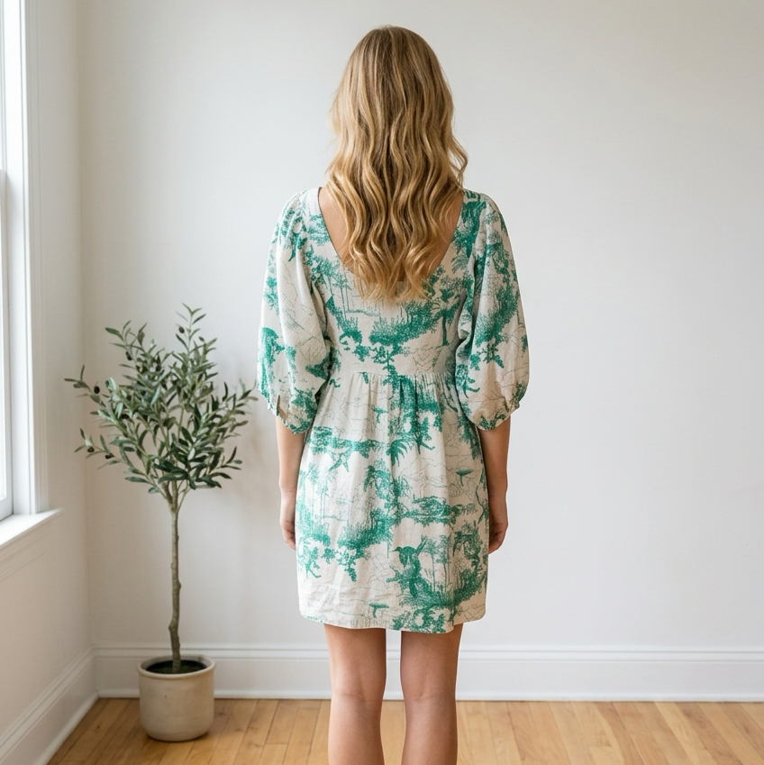 Joie Green toile Print Linen Dress Size Medium