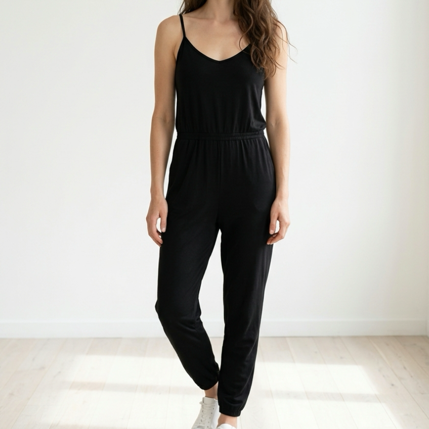 VUORI Lux Jogger Performance Jumpsuit V-Neck Shelf Bra Pockets Stretch Knit XL