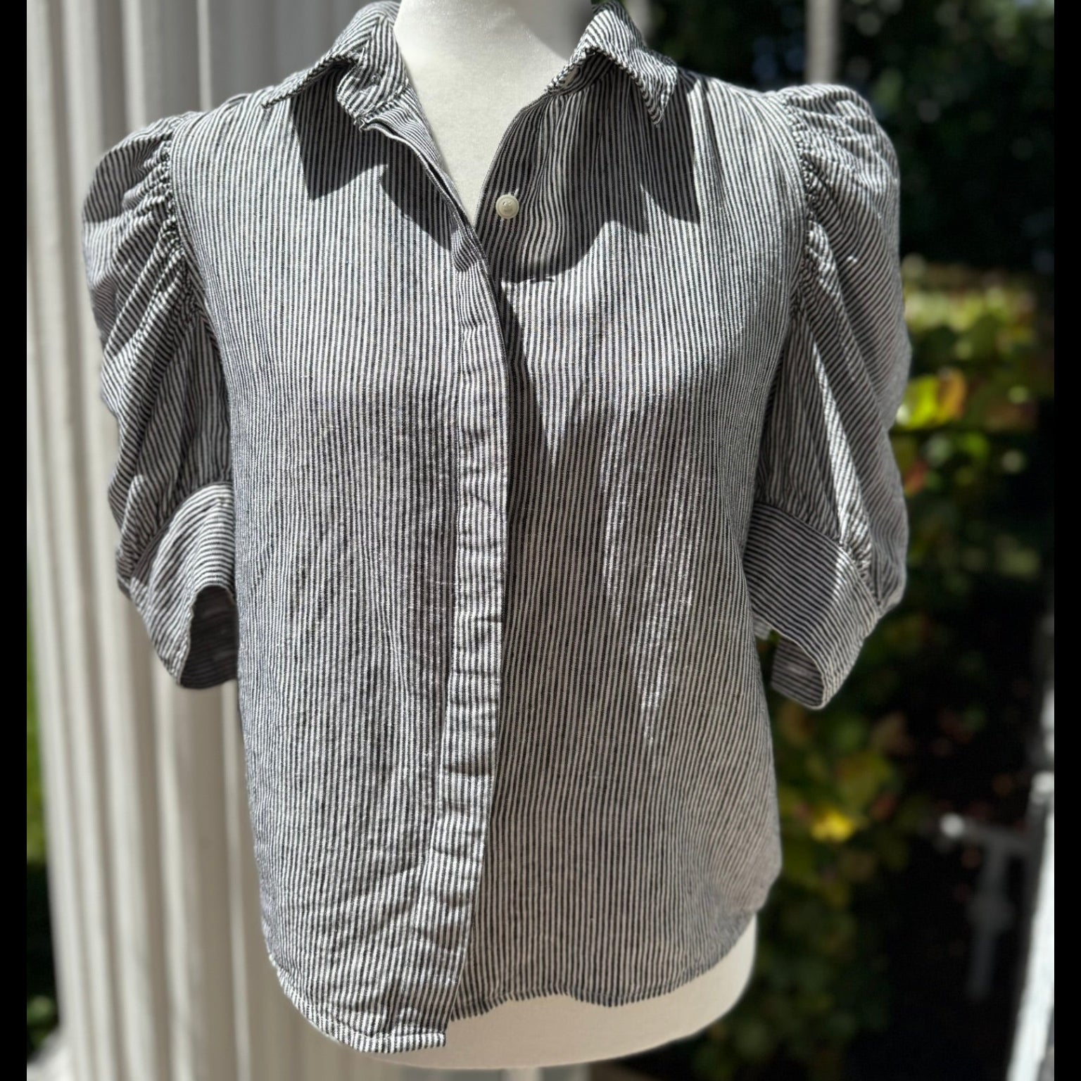 Olivaceous Striped Linen Puff Sleeve Blouse Size Medium