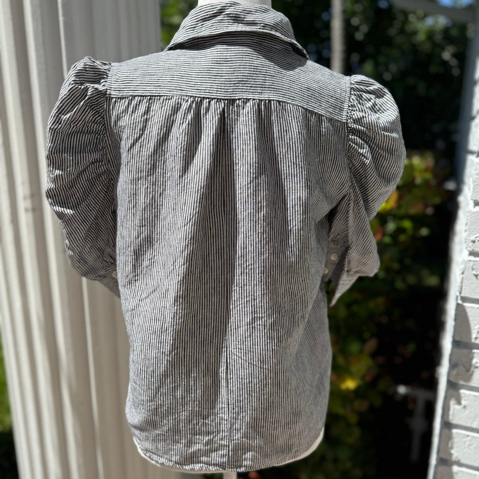 Olivaceous Striped Linen Puff Sleeve Blouse Size Medium