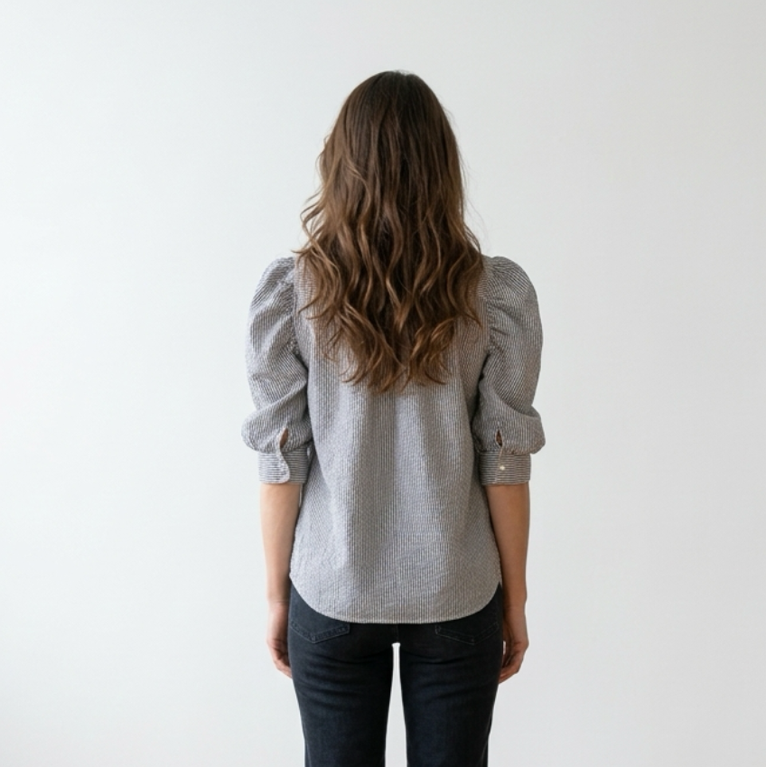 Olivaceous Striped Linen Puff Sleeve Blouse Size Medium