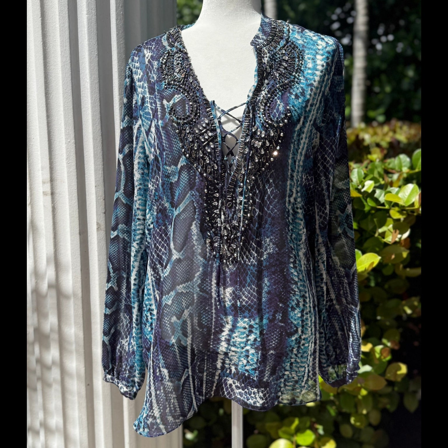 Hale Bob Beaded Snakeskin Print Blouse Size Large