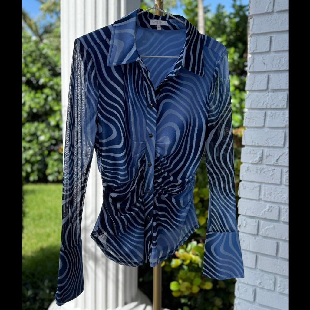 Ramy Brook Blue Swirl Mesh Button-Down Top Size Medium