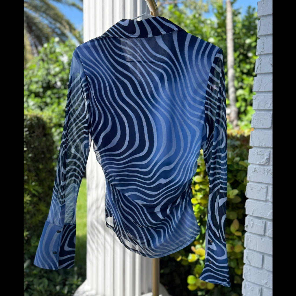 Ramy Brook Blue Swirl Mesh Button-Down Top Size Medium