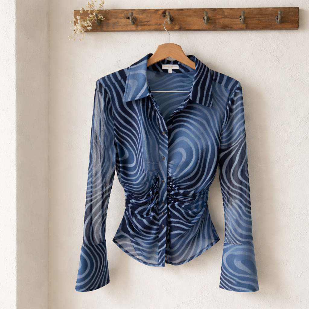 Ramy Brook Blue Swirl Mesh Button-Down Top Size Medium