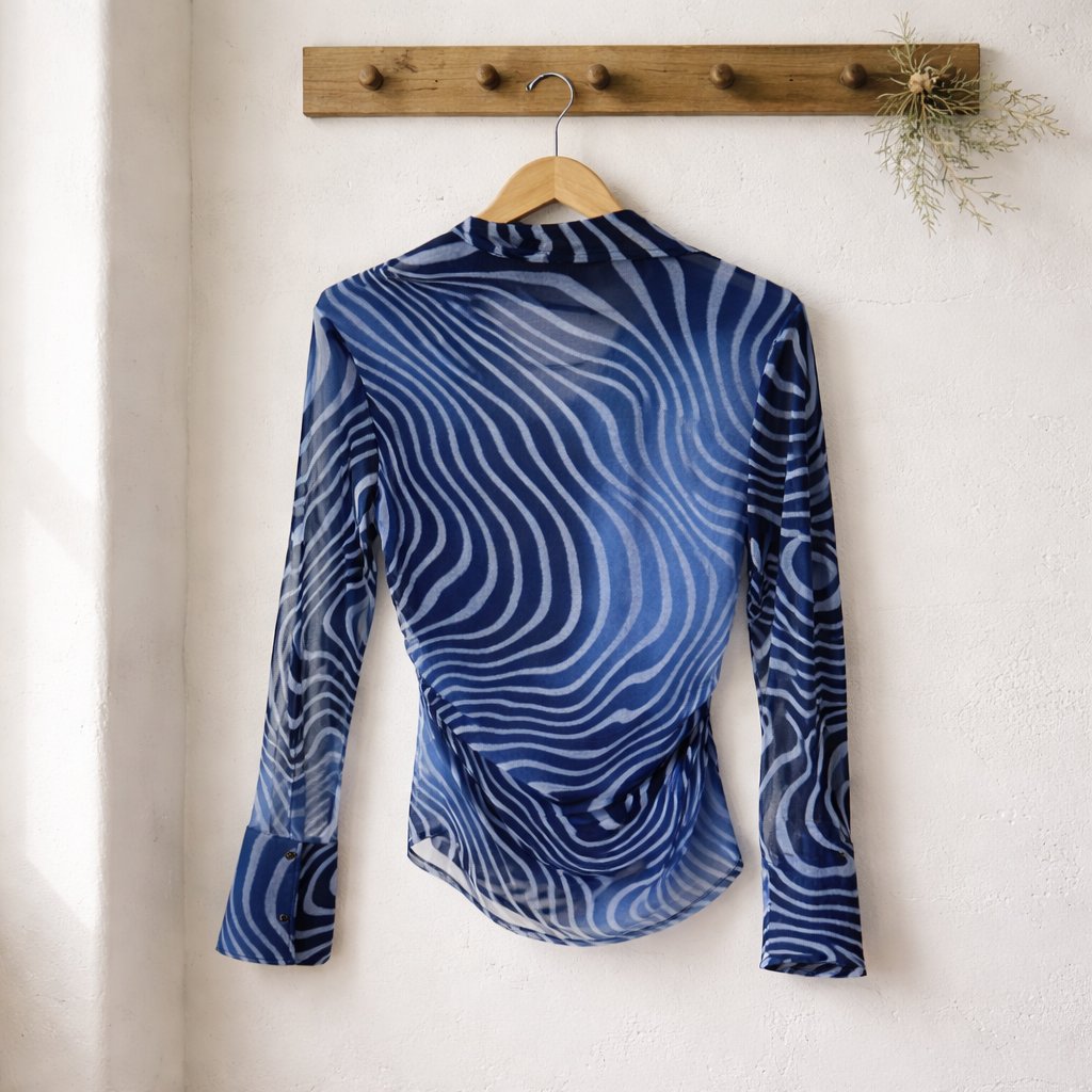Ramy Brook Blue Swirl Mesh Button-Down Top Size Medium
