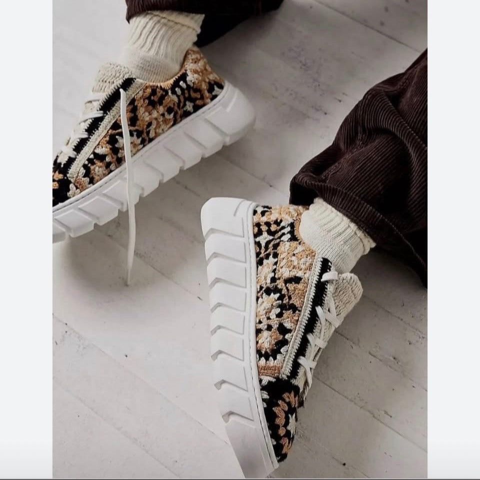 Free People Catch Me If You Can Crochet Patchwork Sneakers Tan US 7