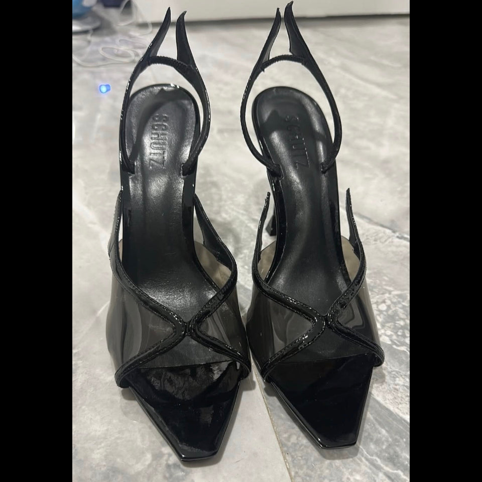 Schutz Zya Sling Patent Leather Sandal In Black Size 7.5