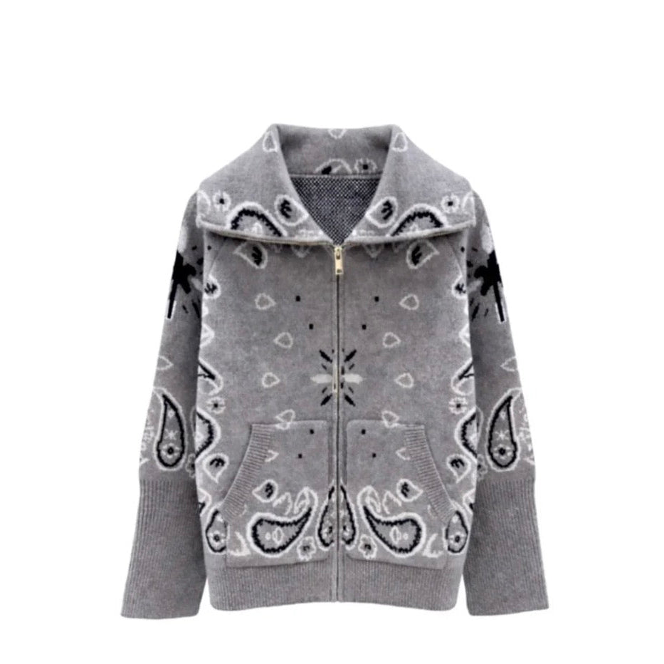 Grey Paisley Zip-Up Knit Hoodie- Size Medium