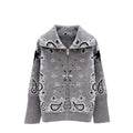 Grey Paisley Zip-Up Knit Hoodie- Size Medium