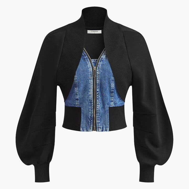 Commense Puff-Sleeve Denim Panel Slim Jacket Size Small