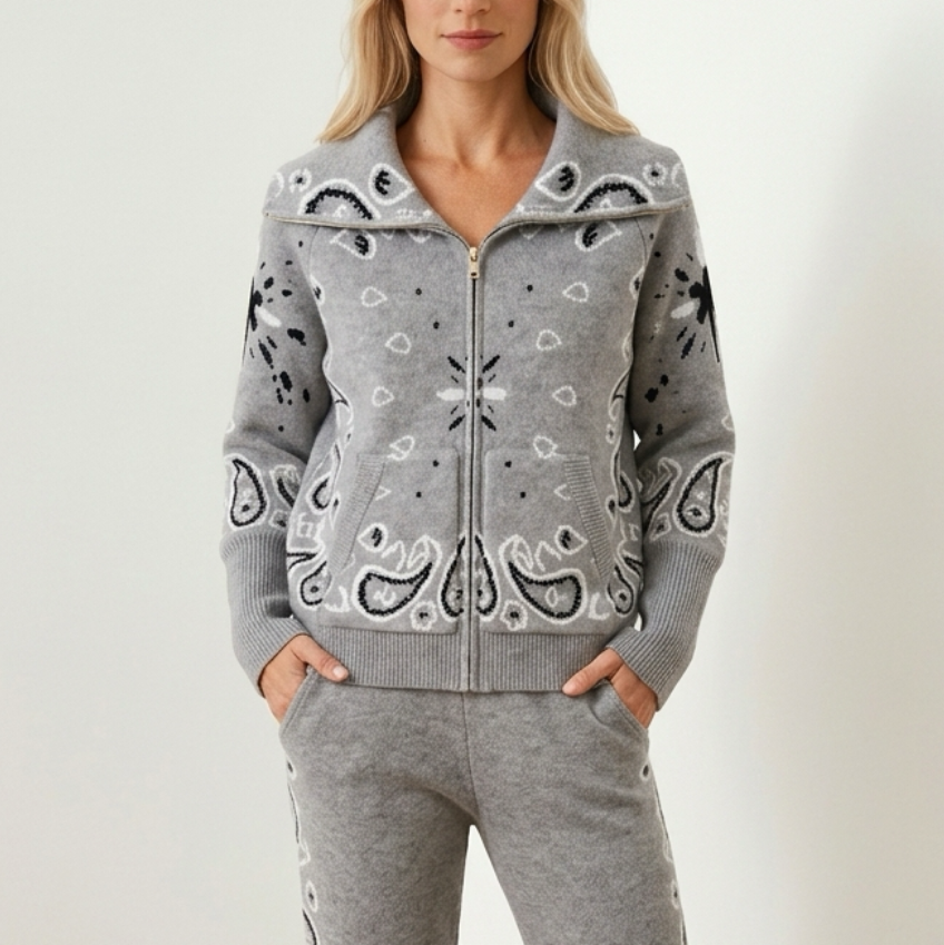 Grey Paisley Zip-Up Knit Hoodie- Size Medium