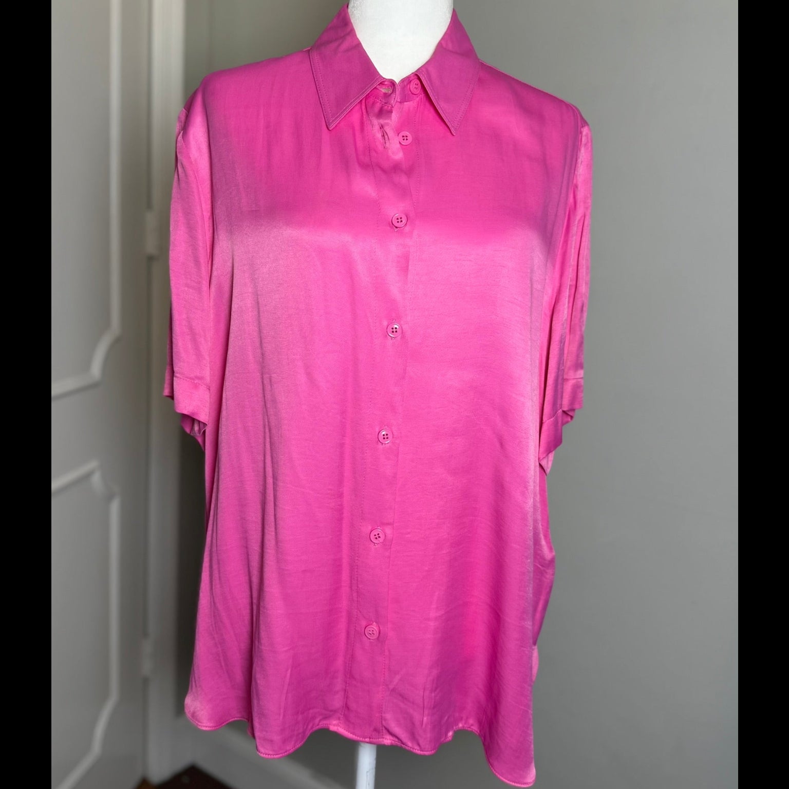 Zara Satin Short-Sleeve Button Down Blouse Size XL