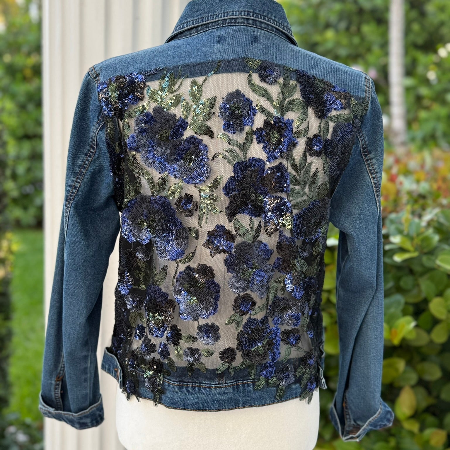 Suzy T Designs Sequined Floral Denim Jacket Size Medium