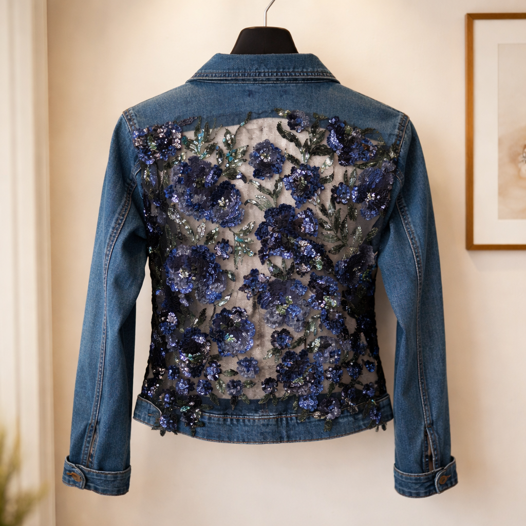 Suzy T Designs Sequined Floral Denim Jacket Size Medium
