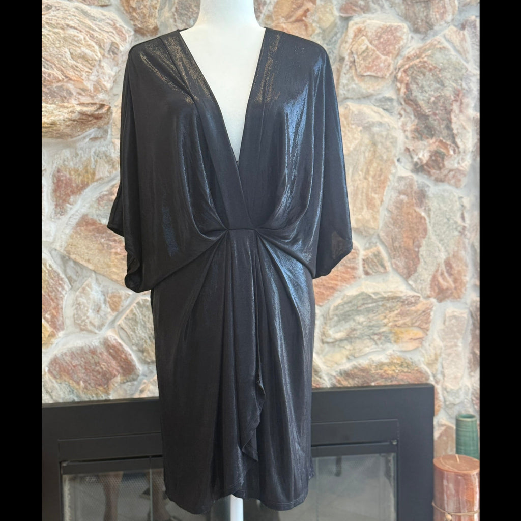 Elan Black Metallic Faux Wrap Front Dress- Size Medium