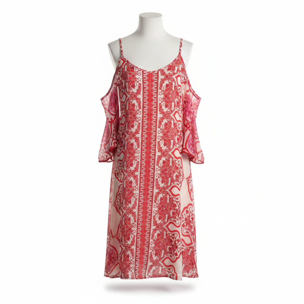 Atina Cristina Cold Shoulder Red Patterned Dress NWT Size XS
