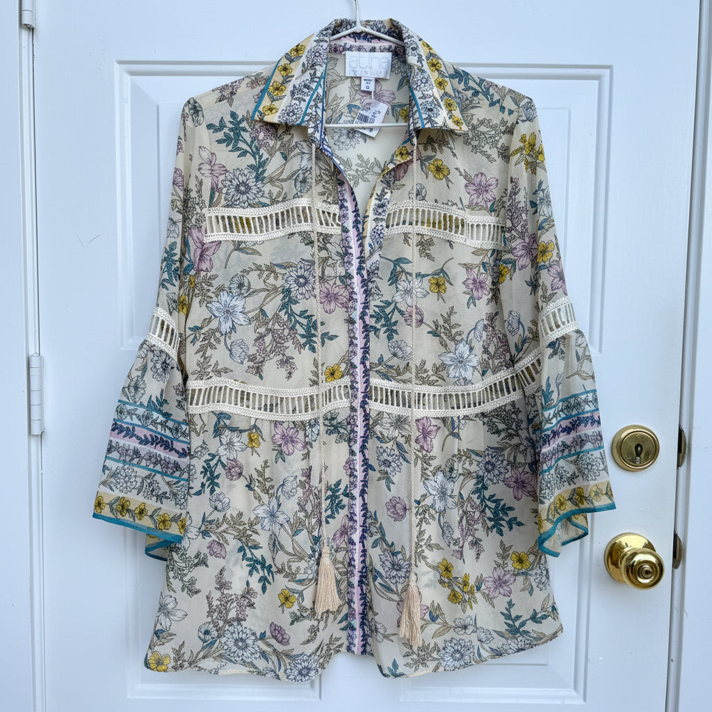 Atina Cristina Floral Lace Trimmed Blouse NWT Size XS
