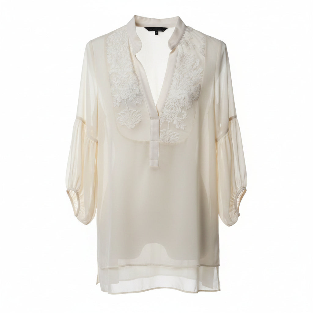 Atina Cristina Cream Sheer Blouse with Floral Embroidery NWT Size XS