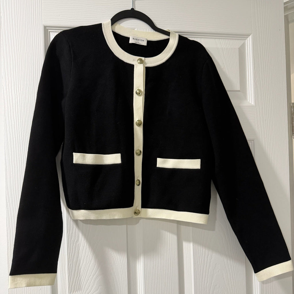 Babaton (Aritzia) Contrast Black with White Trim Knit Cardigan Size M