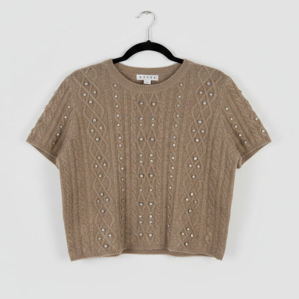 Hyfive Rhinestone Cable Knit Crop Top – Beige, Short Sleeve, Size L