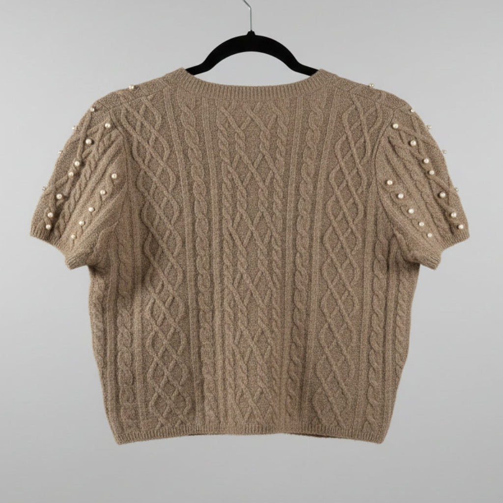 Hyfive Rhinestone Cable Knit Crop Top – Beige, Short Sleeve, Size L