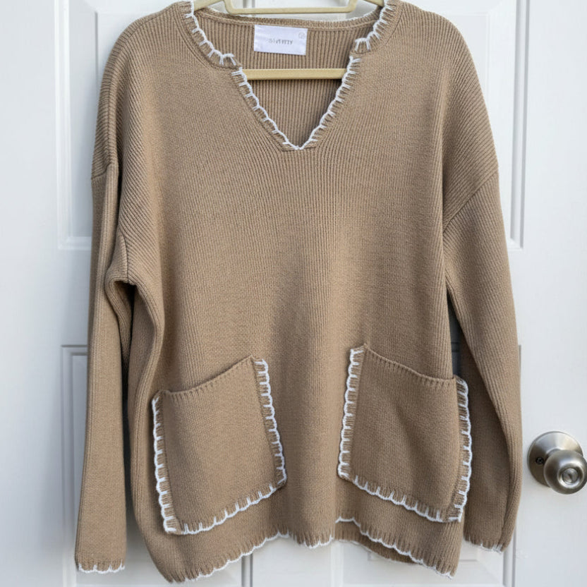 Six/Fifty Contrast Stitch V-Neck Sweater Size  Small