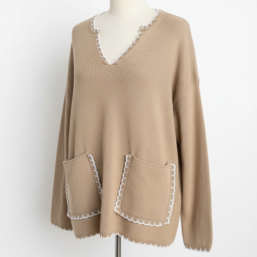 Six/Fifty Contrast Stitch V-Neck Sweater Size  Small