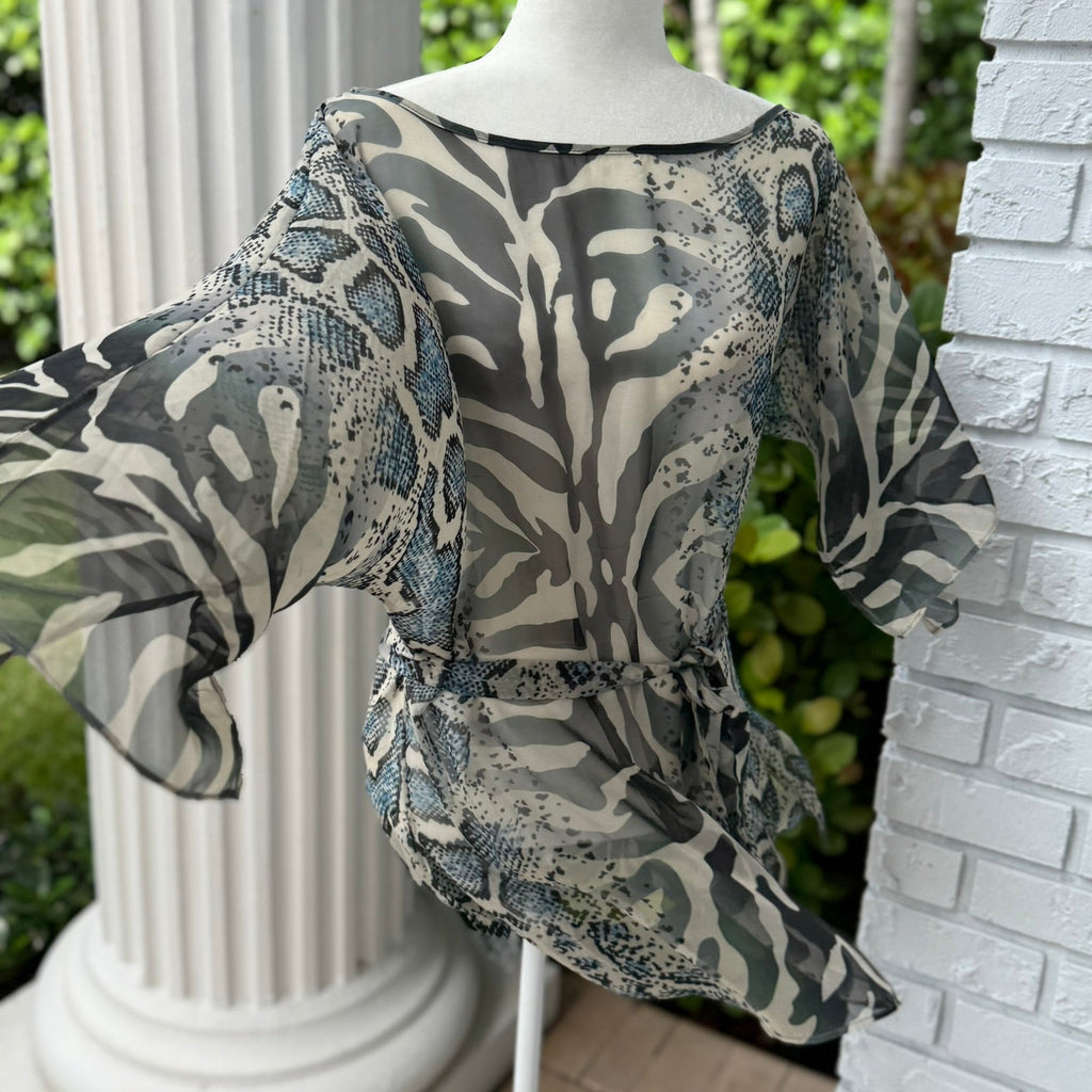 Analili Printed Sheer Tie-Waist Blouse Size XS