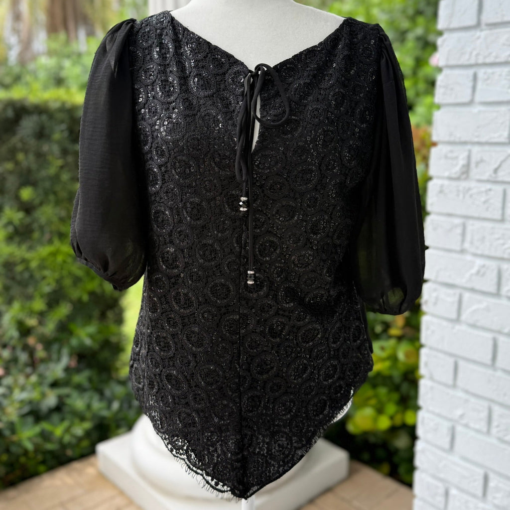 Analili Black Lace Sequined Tie Front Blouse Size XS