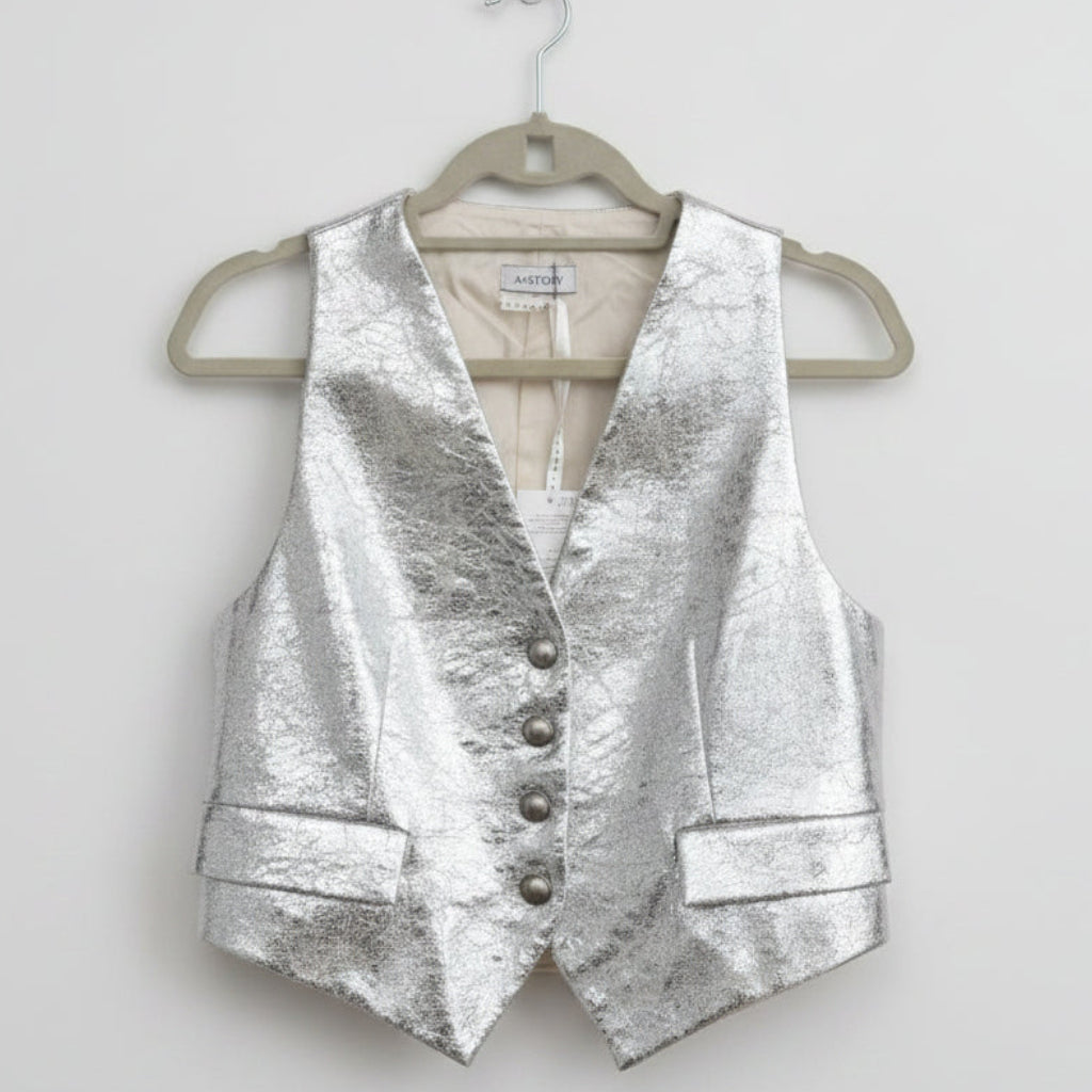 A*STORY Metallic Silver Cropped Waistcoat Vest Size Small
