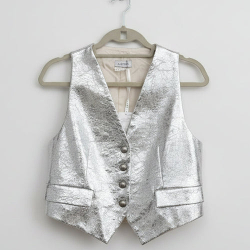 A*STORY Metallic Silver Cropped Waistcoat Vest Size Small