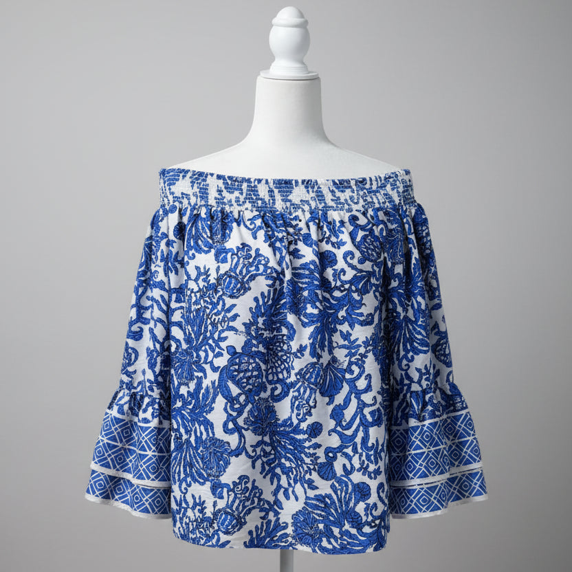 Lilly Pulitzer Blue Floral Off-Shoulder Top Size Large