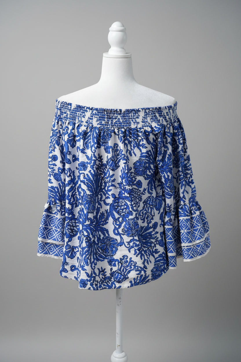 Lilly Pulitzer Blue Floral Off-Shoulder Top Size Large
