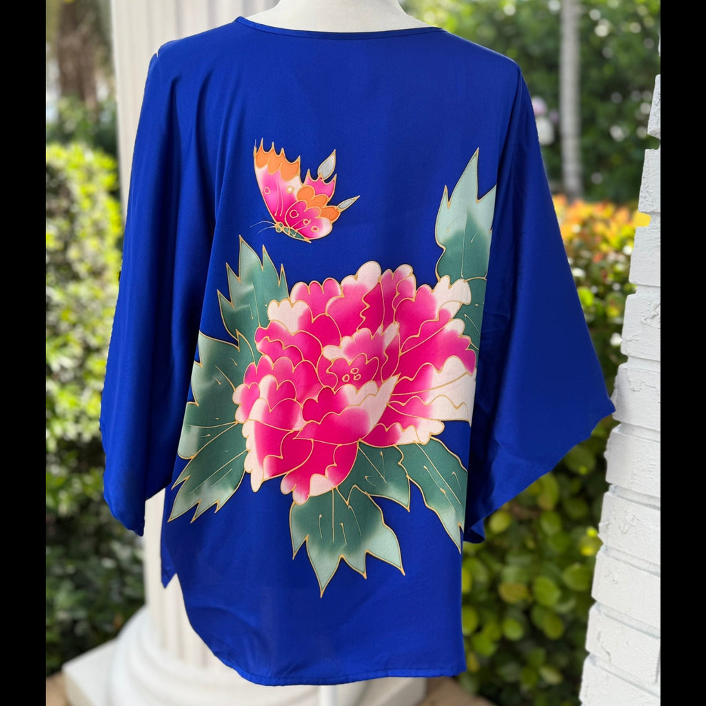 Hand Painted Floral Silk Kimono Top One Size