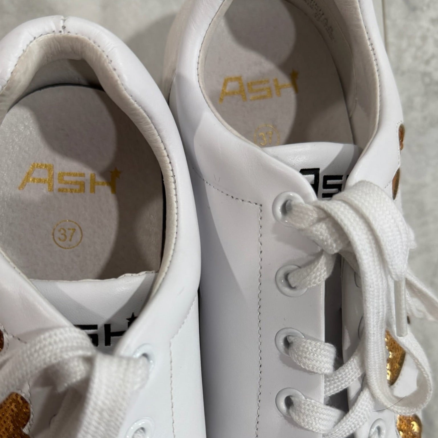 Ash Nikita Sequin Heart White Leather Sneakers Size 37