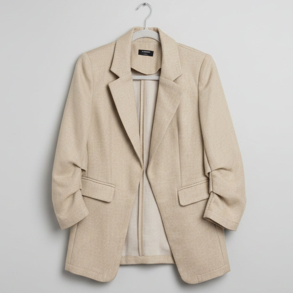 The Workshop Dori Ruched Sleeve Blazer – Khaki, Textured, Size S