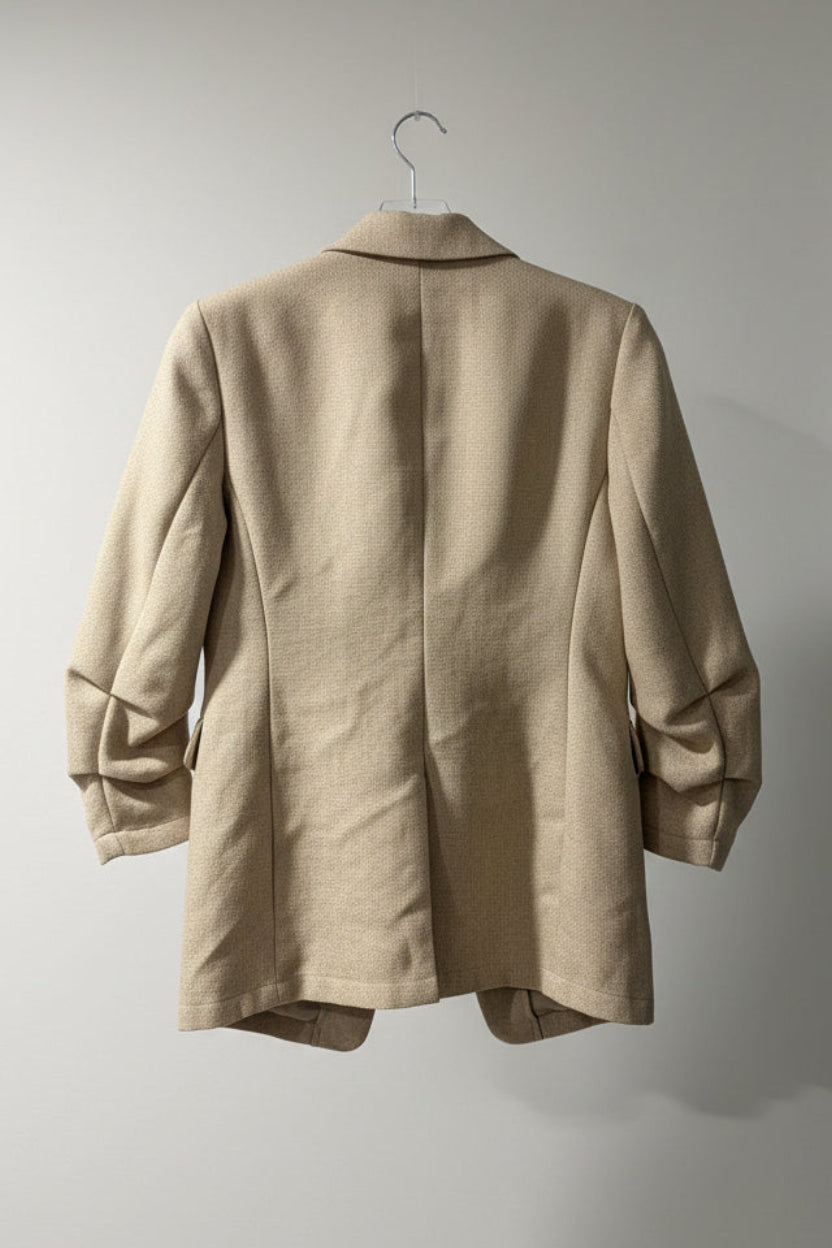 The Workshop Dori Ruched Sleeve Blazer – Khaki, Textured, Size S