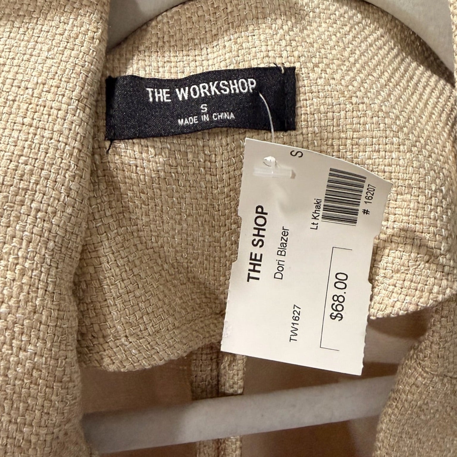 The Workshop Dori Ruched Sleeve Blazer – Khaki, Textured, Size S