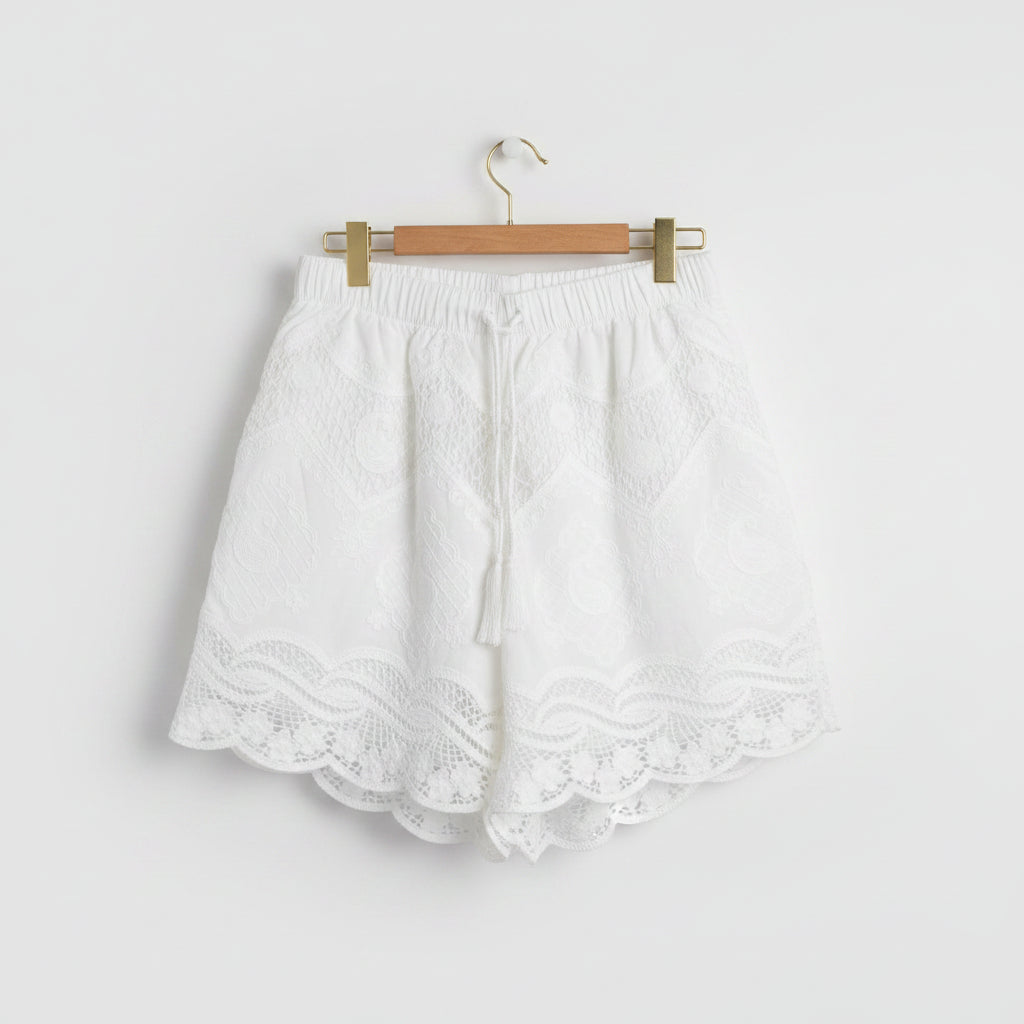 Roberta Biagi White Embroidered Lace Drawstring Shorts Size Small