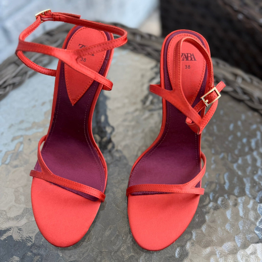 Zara Satin Red Stiletto Heels Size 38 (7.5)