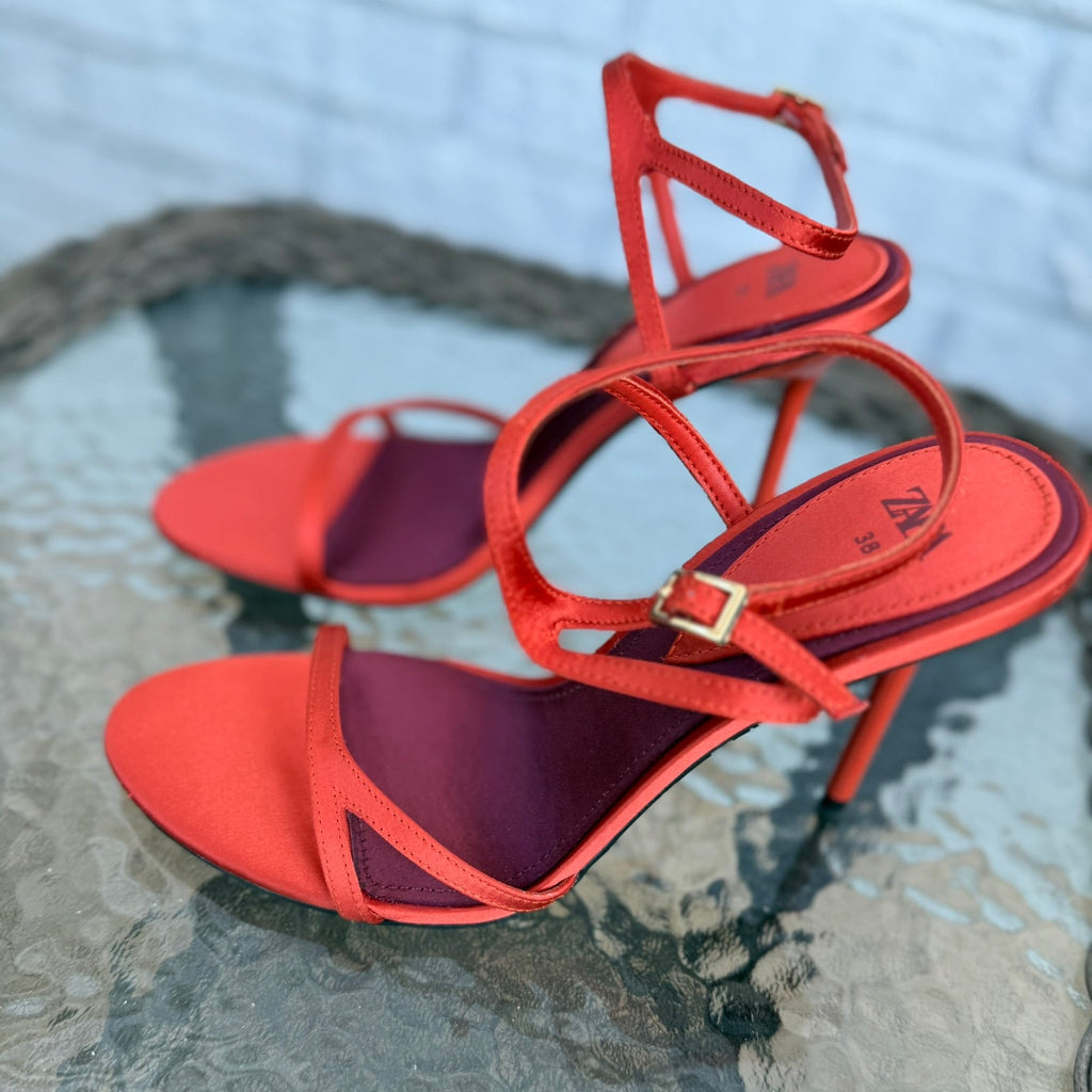 Zara Satin Red Stiletto Heels Size 38 (7.5)